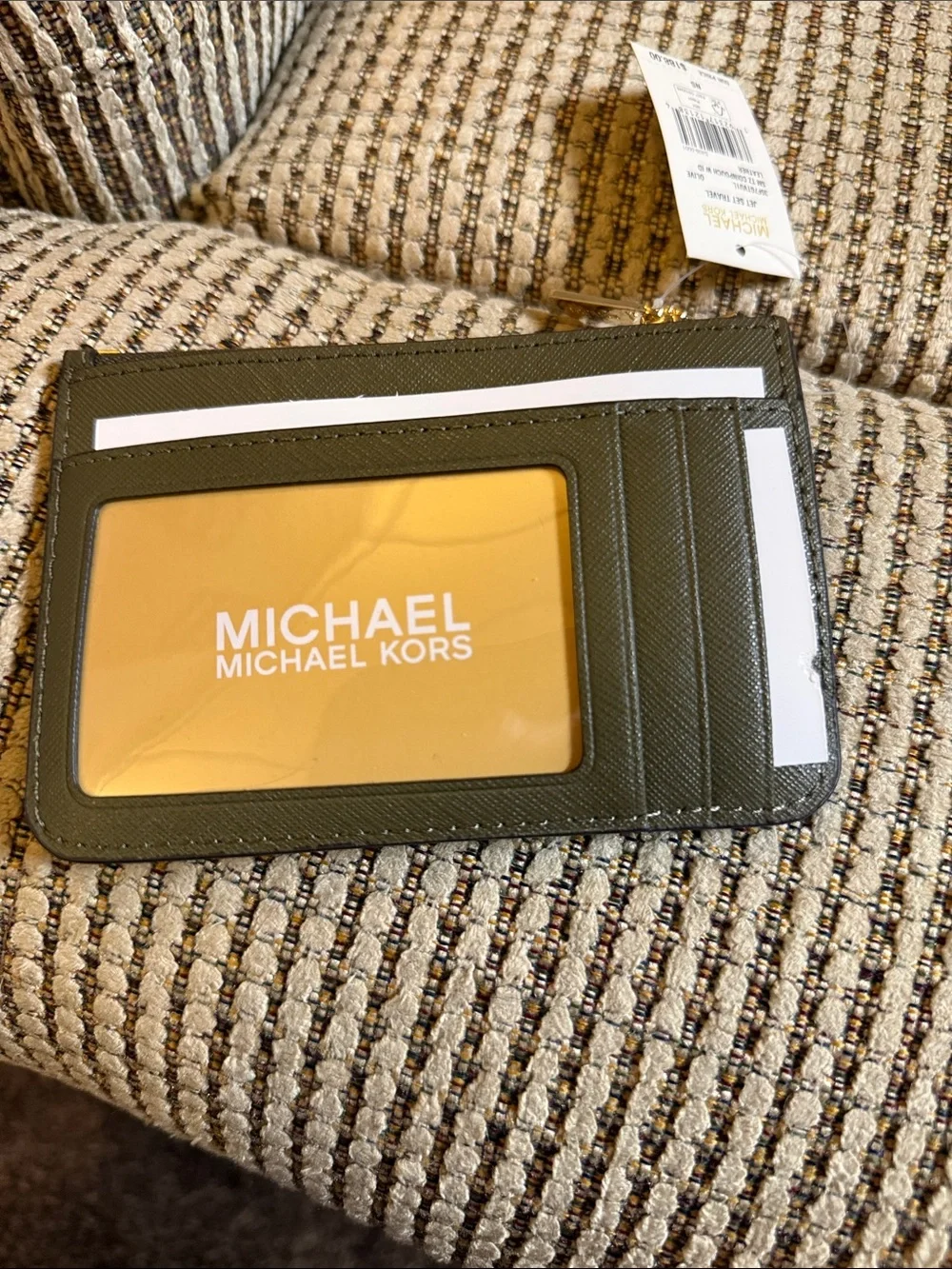 Michael Kors Olive Green Saffiano Zip Card Case with Gold Logo